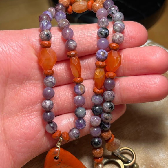 Energy Muse Strength Red Jasper, Carnelian, Sunstone & Charoite Beaded Necklace - Picture 11 of 13